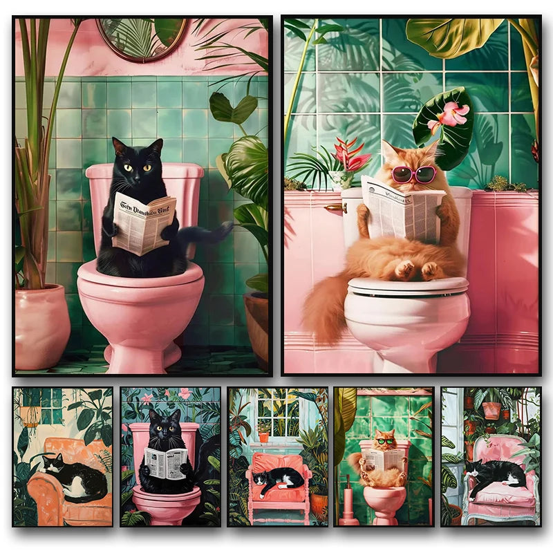Funny Cat on Toilet Wall Art Cat Reading Newspaper Canvas Posters Print Picture for Home Bathroom Living Room Decor No Frame Funny Cat on Toilet Wall Art Cat Reading Newspaper Canvas Posters Print Picture for Home Bathroom Living Room Decor No Frame